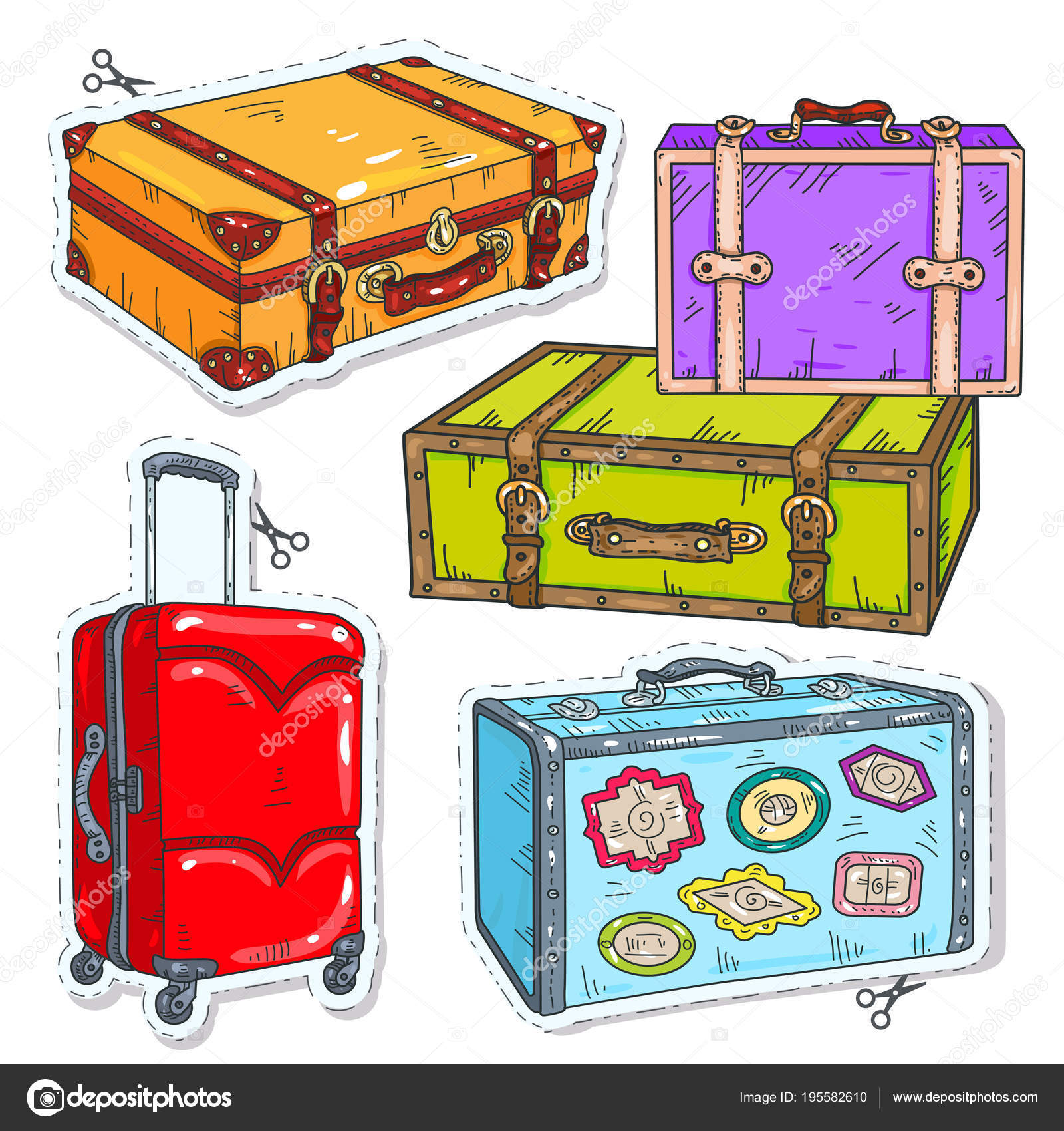 Set Reisetaschen, Retro-Koffer mit Gürtel, Koffer auf Rädern und Aufkleber  auf Koffern Stock-Vektorgrafik von ©TashaDrik 195582610