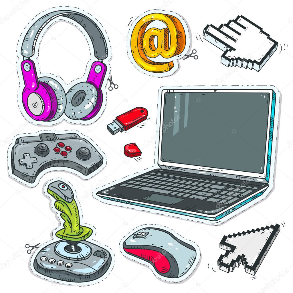 Set computer technology, laptop, game joysticks and cursors pointers for computer mouse