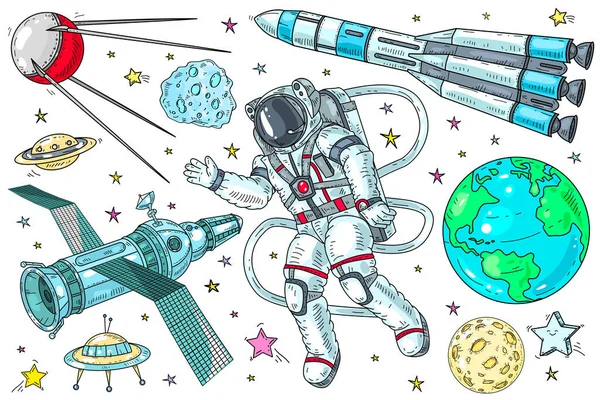 Astronaut in Raumanzug und Raketen, handgezeichnete Vektorillustration. Set von Raumelementen. lizenzfreie Stockillustrationen