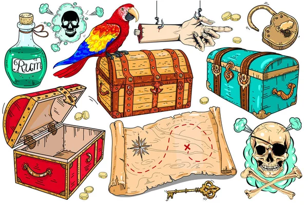 Vector set of icons on the theme of pirates. Treasure map, different chests, skull and parrot. Vektorgrafiken