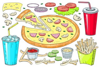 Yaratıcı pizzaların vektör görüntüsü. Restoranınızın ve kafenizin reklamları için bir dilim pizza..