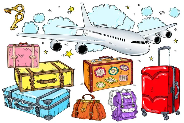 Conjunto vectorial de maletas, maleta con pegatinas. El avión vuela en las nubes sobre un fondo blanco . — Vector de stock