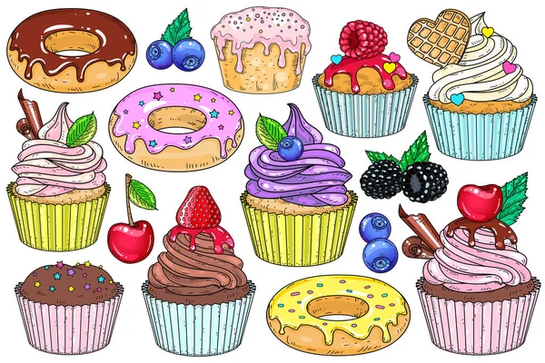 Vektor illusztráció. Édes desszertek. Sütemények, muffinok és fánkok. — Stock Vector