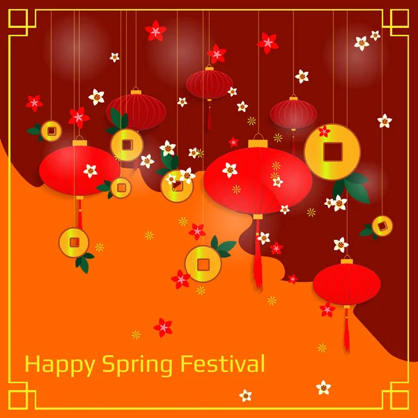 Chinese New Year banner with paper lanterns and flowers. — Stock Vector