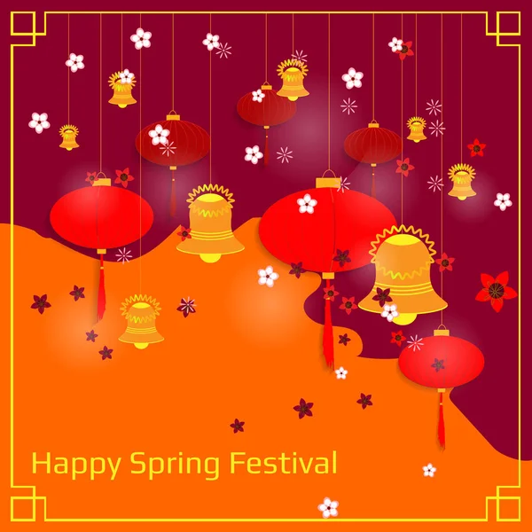 Chinese New Year banner with paper lanterns and flowers. — Stock Vector