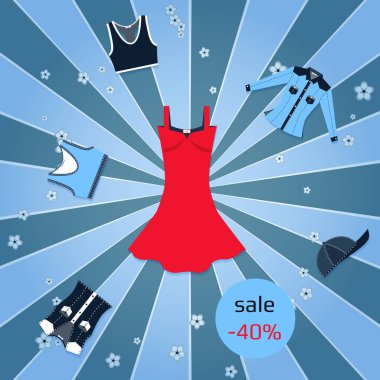 Afiş çok renkli spor giyim ve ışınları retro bir arka plan üzerinde kot pantolon ile Satılık.