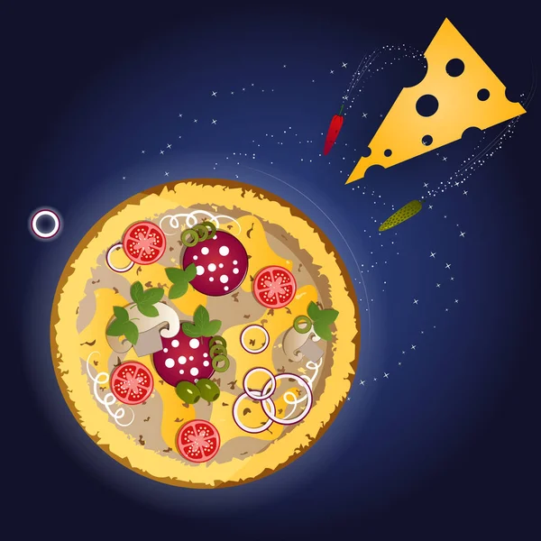 Pizza e ingredientes sobre fondo azul oscuro con estrellas . — Vector de stock