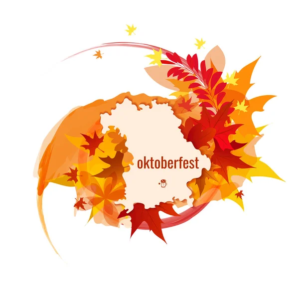 Banner zum Oktoberfest mit Farbtupfern, Herbstblättern, Bayern-Karte. — Stockvektor