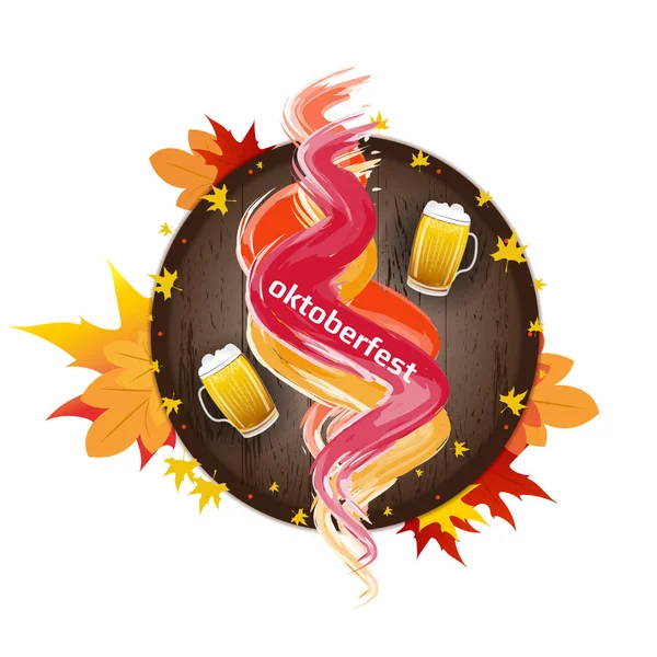 Banner zum Oktoberfest mit Farbspritzer, Herbstblättern, Holzfass und Bierkrug. — Stockvektor