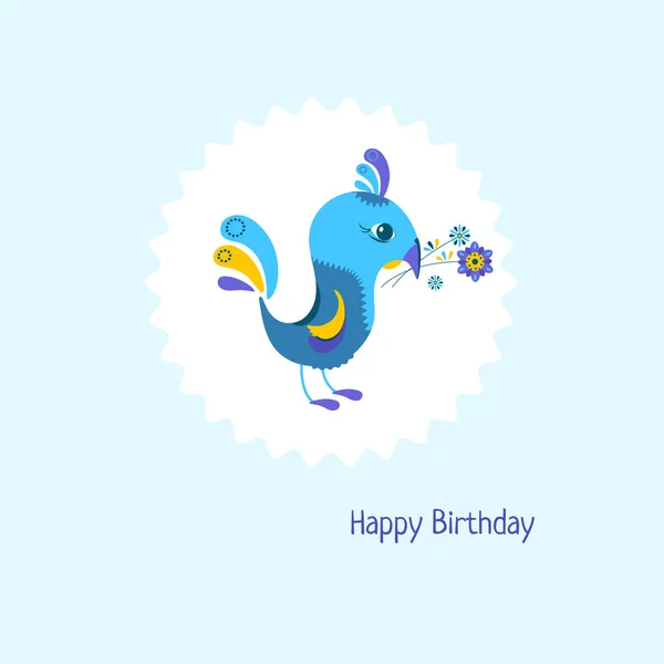 Carte d'anniversaire de bande dessinée avec oiseau mignon et bouquet — Image vectorielle