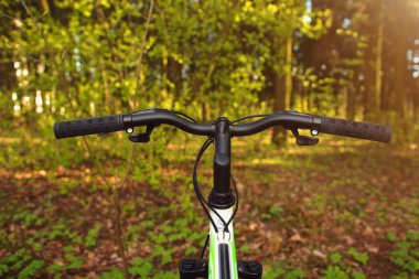 Bir bahar ormandaki yeşillik, ot ve yaprak bir çerçevede bir bisiklet.