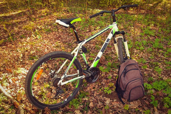 Kolo a batoh v zeleném parku venku — Stock fotografie