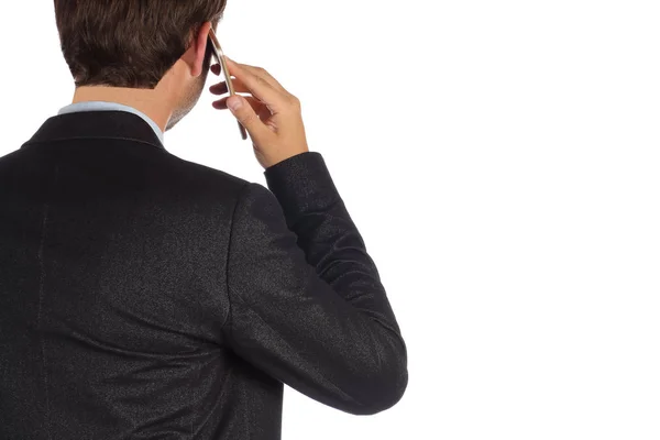 Zakenman maken telefoongesprek toewijzen van zakelijke bijeenkomst geïsoleerd op witte achtergrond — Stockfoto