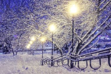Kış sahne. Kar yağışı gece Park fener ile. Noel arka plan. Kar taneleri üzerinde kar olur.