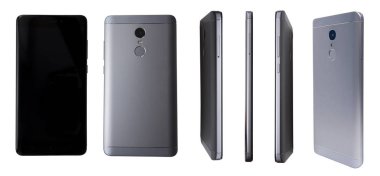Beyaz arka plan üzerinde izole modern smartphone farklı görünümünü. Ön arka perspektif görüş-in yeni hareket eden telefon. Farklı açılardan Smartphone
