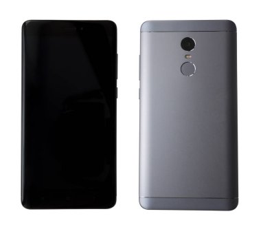 Beyaz arka plan üzerinde izole modern smartphone ön ve arka tarafı. perspektif ve dikiz cep telefonu.