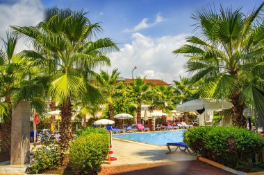 Yeşil palmiye ağaçları ve toprakları tropikal tatil yüzme havuzunda. Paradise resort otel yaz tatili. Yaz güneşli günde sakin tatil