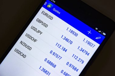 Berlin, Almanya - 5 Aralık 2017: Döviz çiftleri metatrader uygulamada. Exchange ile smartphone cep telefonu ile app üzerinde Forex ticaret.