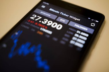 Berlin, Almanya - 5 Aralık 2017: Döviz Kuru Syscoin Kripto para modern smartphone ekranında Bitcoin senedi Widget uygulama.