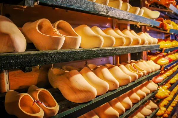 Wooden shoes in storefront of souvenir shop in Holland. National Dutch shoes. Souvenir in Netherlands