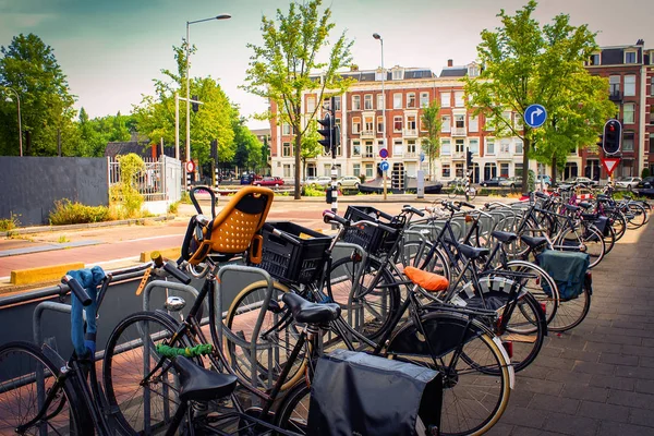 Parkering til cykler i Amsterdam på solrig sommerdag. Cykler på Amsterdam Street i Holland - Stock-foto