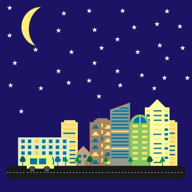 uzun boylu ve gökdelenler gece ile modern şehir. Cityscape yol ve otomobil ile ay yıldızlı gökyüzü altında. Silüetini vektör.