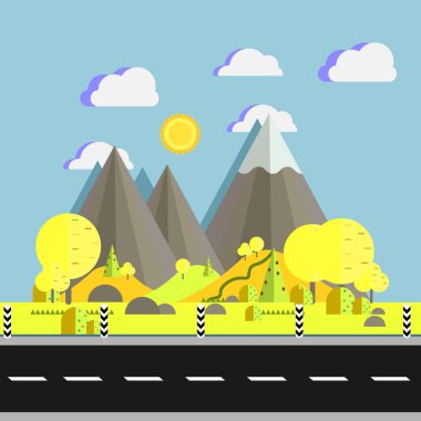 Dağlar düz vektör çizim road yakınındaki tepelerde ağaçlarla peyzaj. Kamp ve hiking, doğa sporları, açık macera için doğal yeri.