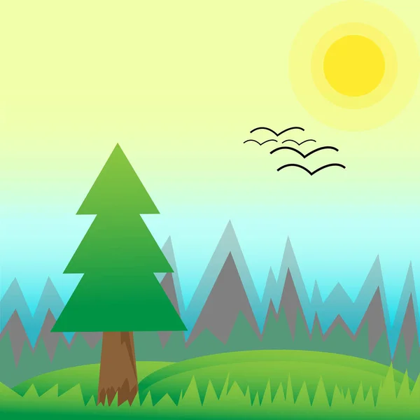 晴れた朝に春の松の森と緑の牧草地の丘での風景。鳥が家に着きます。風景自然フラット ベクトル イラストのスタイル — ストックベクタ