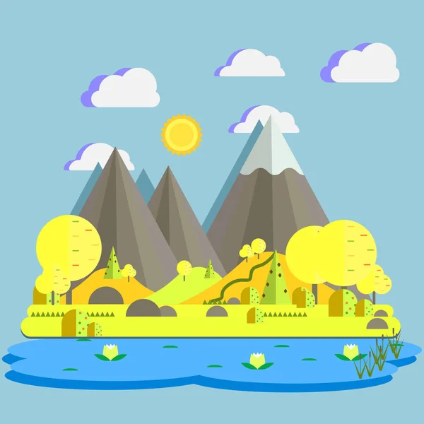 Plochý design přírody krajiny vektorové ilustrace malebné hory, jezero, zamračená obloha, louka, slunce a stromy. Scenérie přírody krajina hory — Stockový vektor