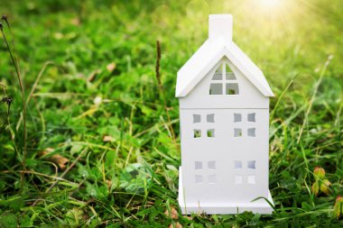 Beyaz Saray Bahçe Yeşil çimenlerin üzerinde. Çim yeşil bir arka plan üzerinde küçük ev. Ev concept.