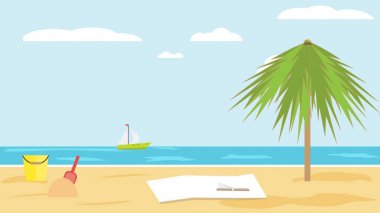 Palmiye ağacı açık yaz gününde ile tropikal kumsal deniz manzara. Çocuk kova ve kürek kum. battaniye ve kum Beach üzerine bir kitap. Vektör düz. Plaj deniz manzarası. Denizde dinlenme.
