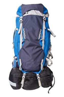 Beyaz arka plan üzerinde izole yürüyüş için sırt çantası. Beyaz arka plan üzerinde izole uyku tulumu ile yürüyüş turları için profesyonel bir sırt çantası önden görünümü.