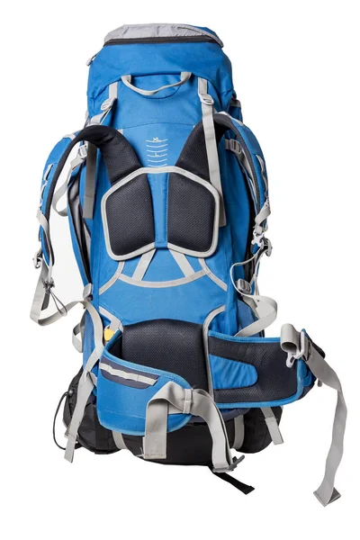 Visão traseira da mochila profissional para caminhadas em estado selvagem. Trekking mochila com saco de dormir ligado a ele. Roupa para atividades ao ar livre. mochila esportiva . — Fotografia de Stock