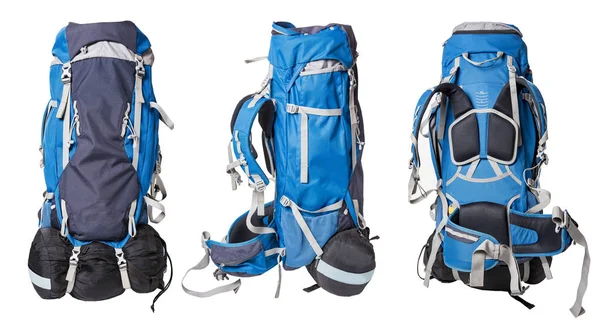 Different views of blue backpack for hiking isolated on white background. professional backpack for hiking trips with sleeping bag. Outfit for hikes. Trekking bag for sport leisure activity. — Stock Photo, Image