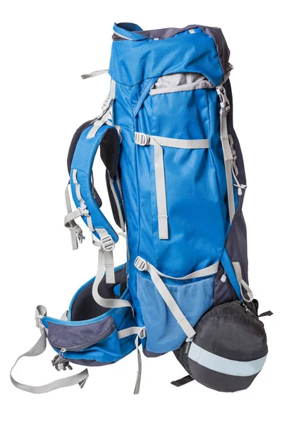 Blue backpack for hiking isolated on white background. side view of a professional backpack for hiking trips with a sleeping bag. Outfit for hikes. — Stock Photo, Image