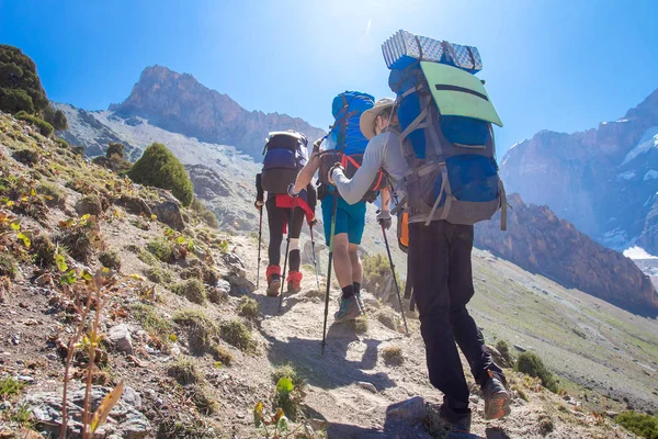 Turistler güneşli yaz günlerinde sırt çantalarıyla dağlarda yürüyüş yapıyorlar.. — Stok fotoğraf