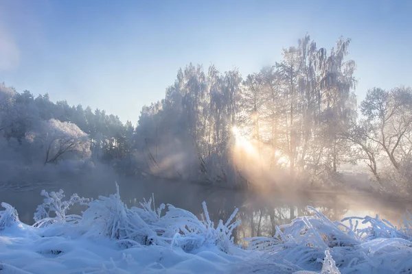 Hermoso paisaje de invierno al amanecer. Increíble paisaje de naturaleza nevada — Foto de Stock