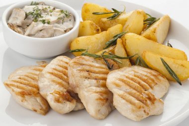 Grilled chicken breast with potato and mushroom sauce clipart