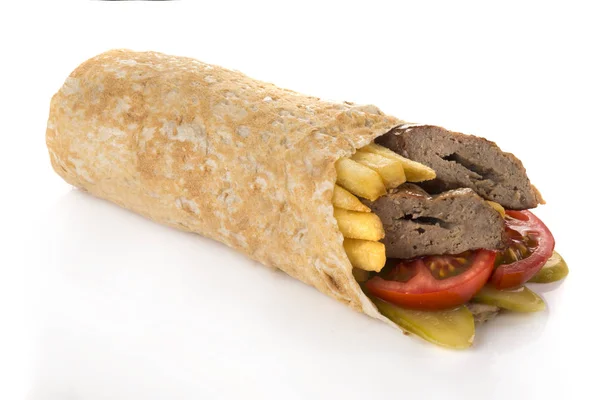 Shawarma with kebab, chips, tomatoes and pickles — Stock Photo, Image
