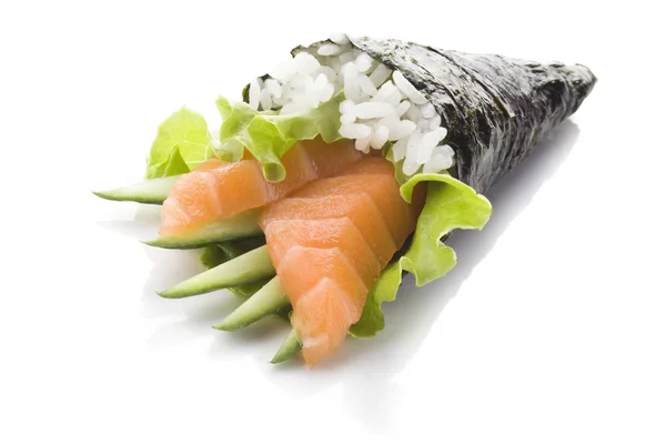 Salmon sashimi with cucumber and rice — Stock Photo, Image