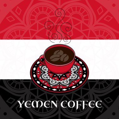 Yemen kahve illüstrasyon vektör. Yemen bayrak renk arka plan üzerinde süs plaka ile kahve fincanı. Seyahat afiş, el ilanı, afiş veya turist tasarım için tasarım.