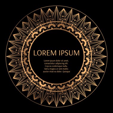 Altın arka plan siyah vektör yuvarlak çerçeveli. Albüm, etiket, fotoğraf çerçevesi, tebrik kartı, düğün davetiyesi için altın tasarım. Metin için yer ile Mandala Arapça süsleme.