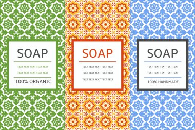SOAP paketi kalıpları kesintisiz vektör. Vektör sabun etiketleri ve ambalaj kağıdı ve kutusu için tasarım öğeleri kümesi. Organik ve el yapımı Sabun tasarım paketi şablonları. 