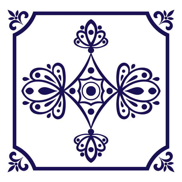 Delfts blauwe tegel vector. Delft Nederlandse tegels patroon met indigo blauwe en witte versieringen. — Stockvector