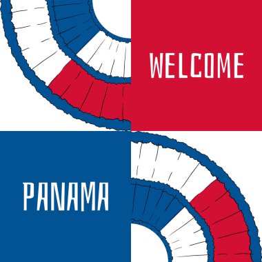 Panama hoş geldiniz. Vektör çizim. Tasarım pollera öğeleri ve ülke bayrak renkleri ile seyahat. Turizm afiş, kapak, turist bilgi kartı veya karnaval festival flyer şablonu için kavram.