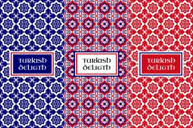 Türk lokumu tasarlamak vektör. Sorunsuz çiçek arka planlar ve gıda ambalajlama için tasarım öğeleri kümesi. Etiket veya etiket oryantal ürün ve tatlı dükkanlar için.