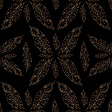 Altın siyah tüyler desen sorunsuz. Hindistan altın tavuskuşu tüyü vektör yazdırma moda tasarım, lüks davetiye, parti kartı, yoga spa duvar kağıdı veya kumaş için.