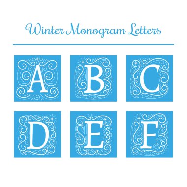 Kış başlangıç harfi vektör. Tatil monogram kartları için dekorasyon sermaye. Harf A, B, C, D, E, F frost süsleme ile izole.