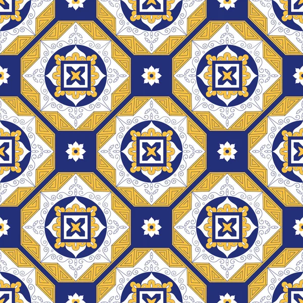 Portugués azulejos patrón vector con diagonal azul, amarillo y blanco ornamentos — Vector de stock