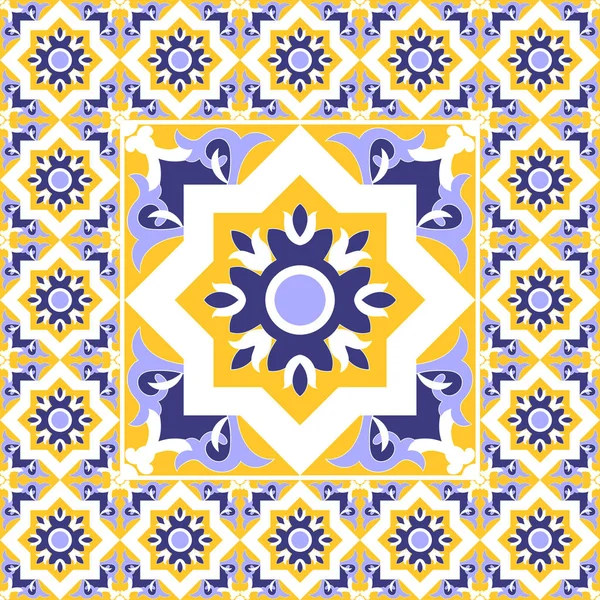 Azulejos piso - vector patrón vintage con baldosas de cemento de cerámica. El azulejo grande en el centro se enmarca en pequeño. Fondo con motivos portugueses azulejo, mexicano, marroquí, español, árabe . — Vector de stock